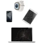Collection of devices with cracked and damaged screens requiring repair