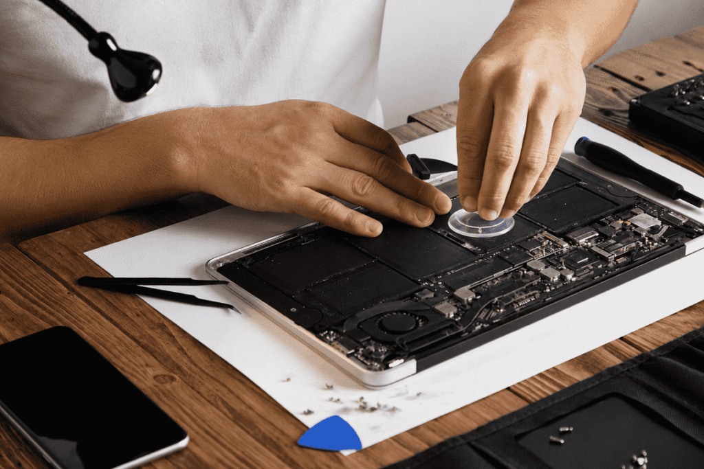 Laptop repair technician servicing an open laptop motherboard with repair tools Laptop repair technician servicing an open laptop motherboard with repair tools