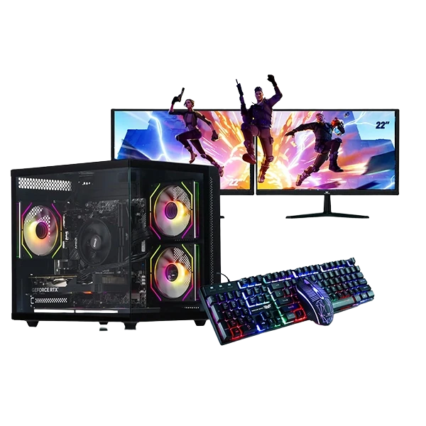 Custom gaming PC setup with dual monitors, RGB keyboard, and gaming components