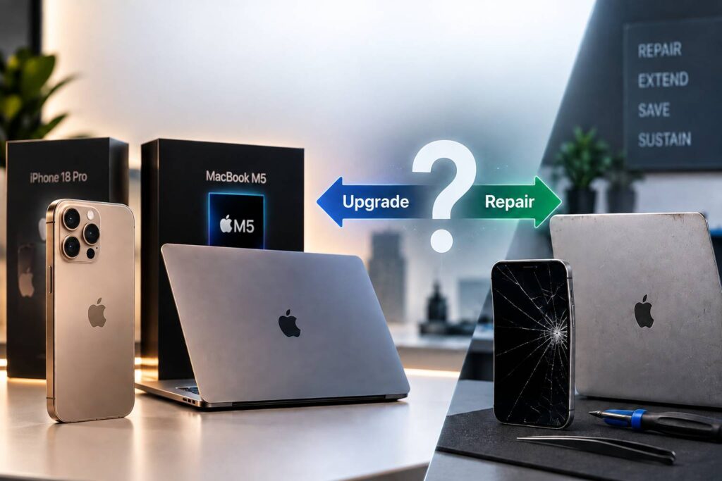 New iPhone and MacBook compared with damaged devices for repair or upgrade