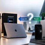 New iPhone and MacBook compared with damaged devices for repair or upgrade