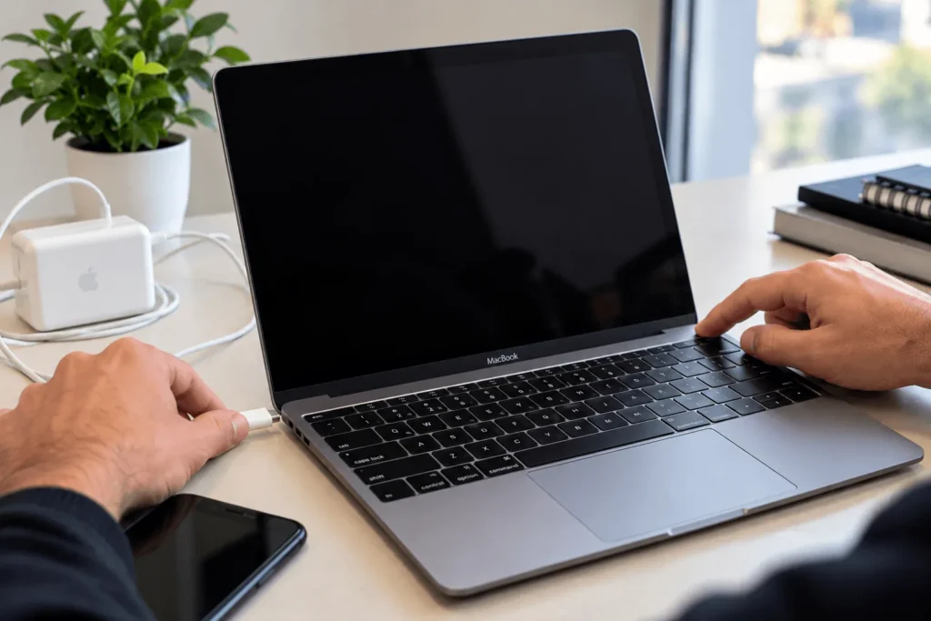 Person troubleshooting a MacBook that will not turn on while connecting the charger